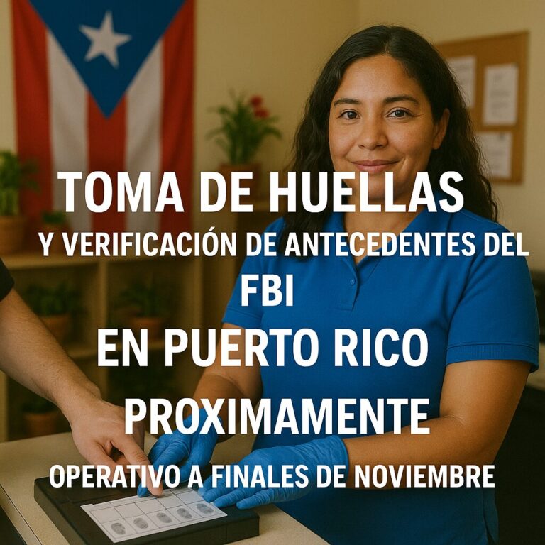 Técnica puertorriqueña tomando huellas dactilares con un escáner digital en una oficina moderna con bandera de Puerto Rico, representando el servicio de toma de huellas y verificación de antecedentes del FBI en Puerto Rico.