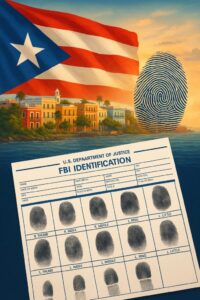Toma de huellas dactilares del FBI en Puerto Rico – servicio móvil en Mayagüez, Rincón y Aguadilla, con bandera puertorriqueña y tarjeta FD-258.