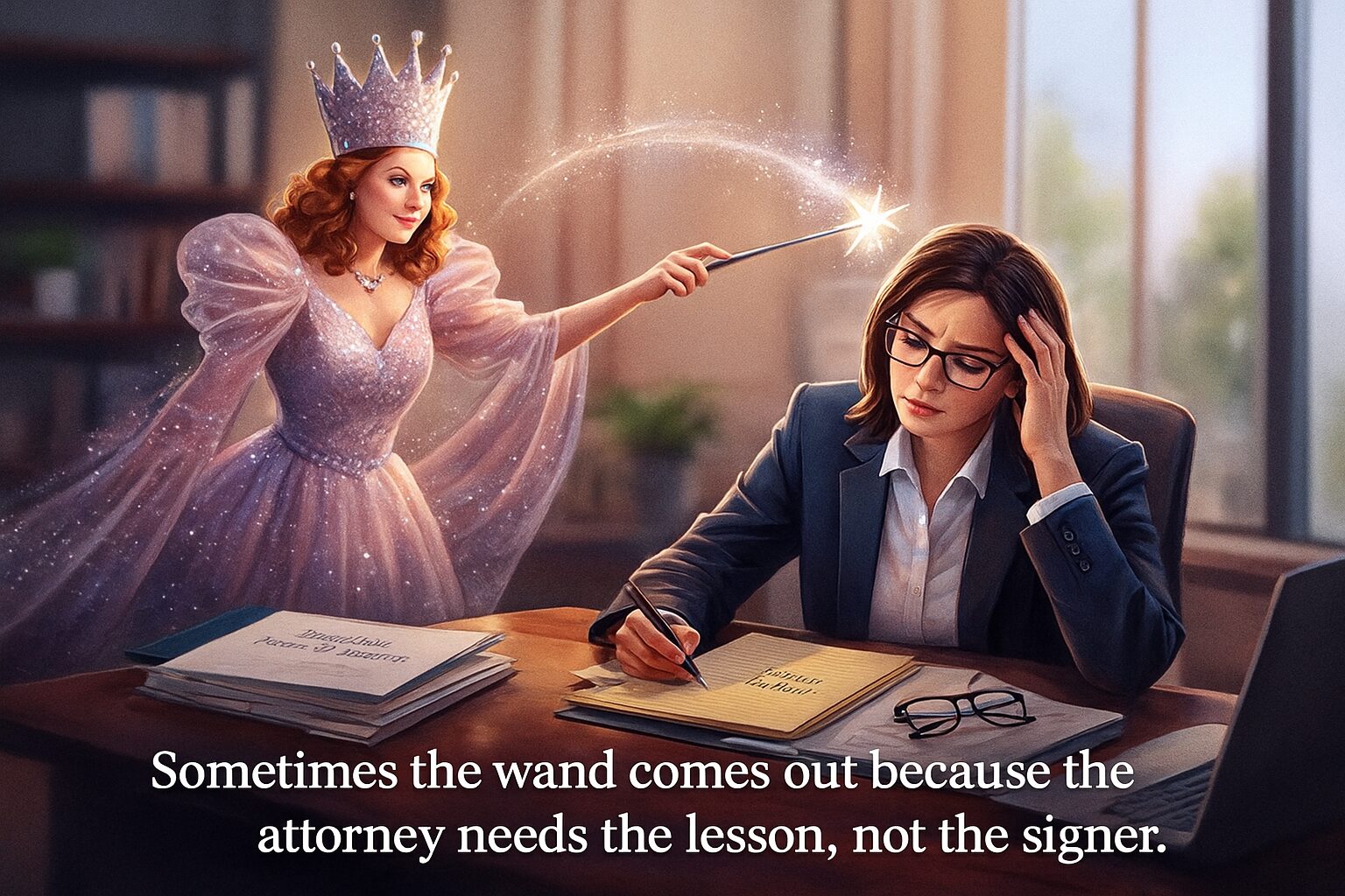Ilustración de Glinda, la bruja buena, guiando a un abogado confundido que revisa documentos RON de Florida, destacando con humor cómo los abogados a veces necesitan la lección. Pie de foto: ‘A veces se saca la varita mágica porque es el abogado quien necesita la lección, no el firmante».