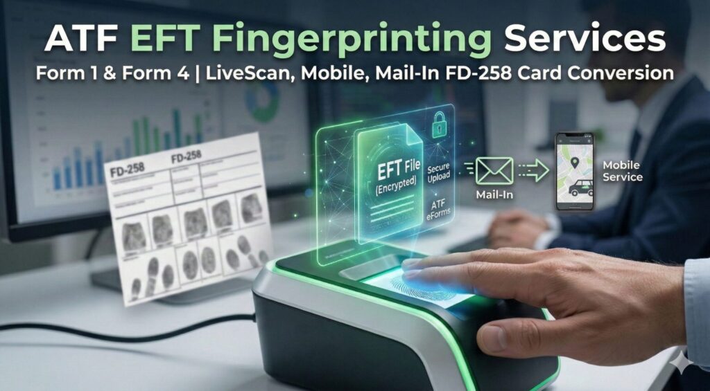 Professional ATF EFT fingerprinting services showing a LiveScan digital scanner, FD-258 fingerprint cards, and secure encrypted file delivery for ATF eForms Form 1 and Form 4 submissions.