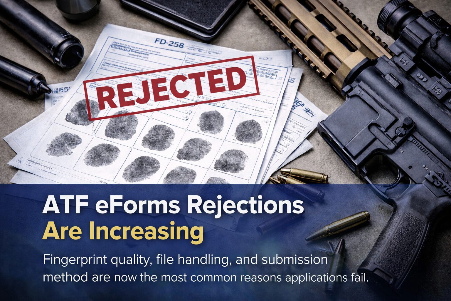 ATF eForms rejection 2026 fingerprint quality issues FD-258 card scan vs digital EFT suppressor SBR Form 1 Form 4 submission errors