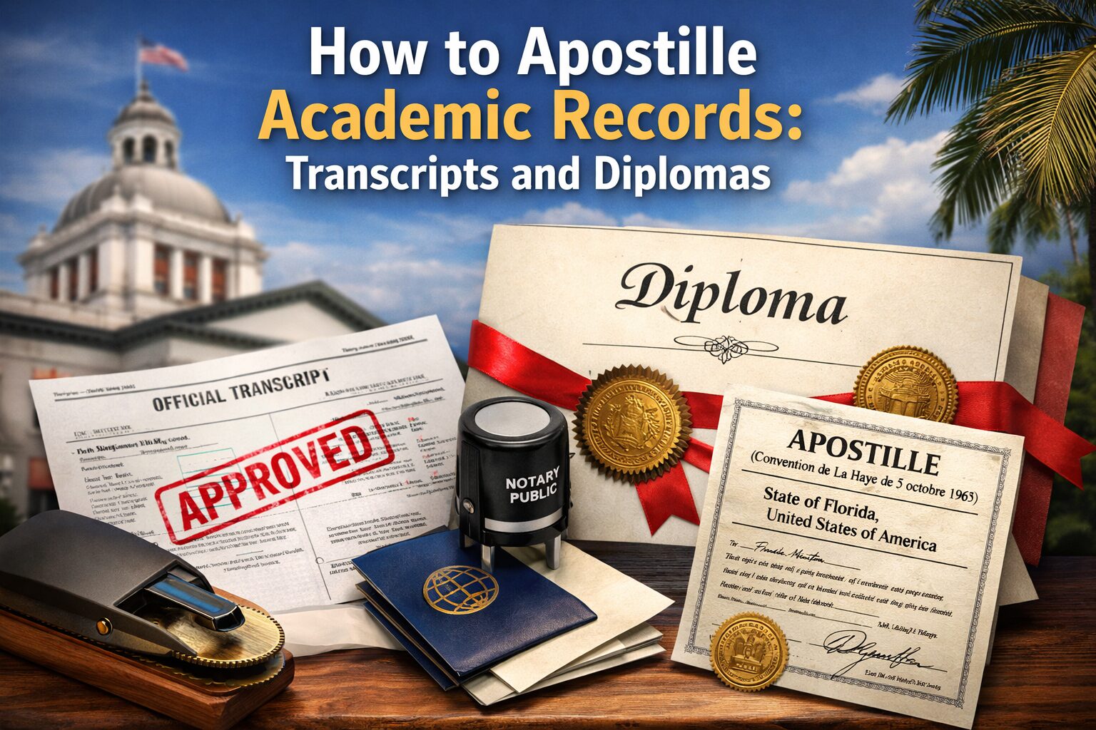 Florida apostille for transcripts and diplomas showing notarized academic records, official transcript, diploma, and apostille certificate