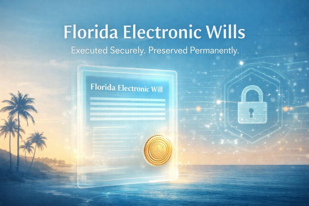 Florida electronic will signing and secure digital custody concept with encrypted document, gold seal, and Florida coastal background representing remote online notarization and compliant estate planning