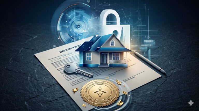 3D house model on a Florida property deed with a gold eRecording certification seal