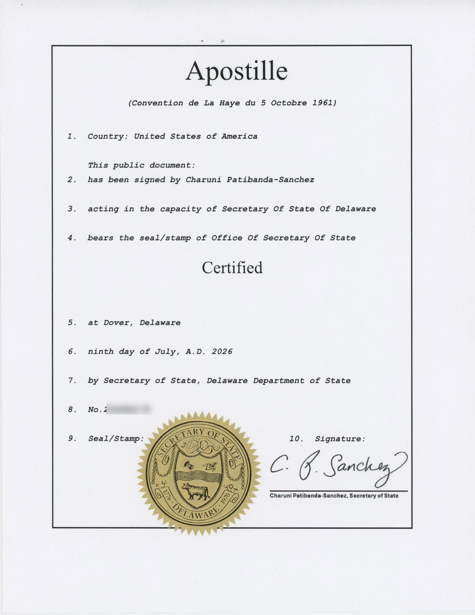 Certified Delaware Certificate of Status with Delaware Secretary of State Apostille seal