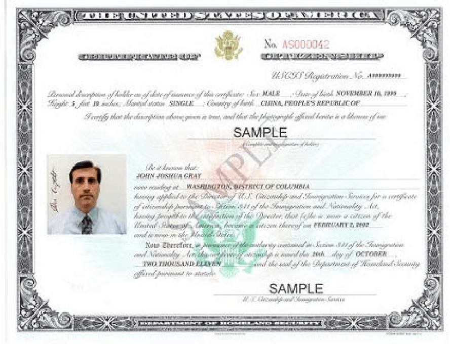 Official sample Certificate of Naturalization Form N-560 showing federal reproduction warning